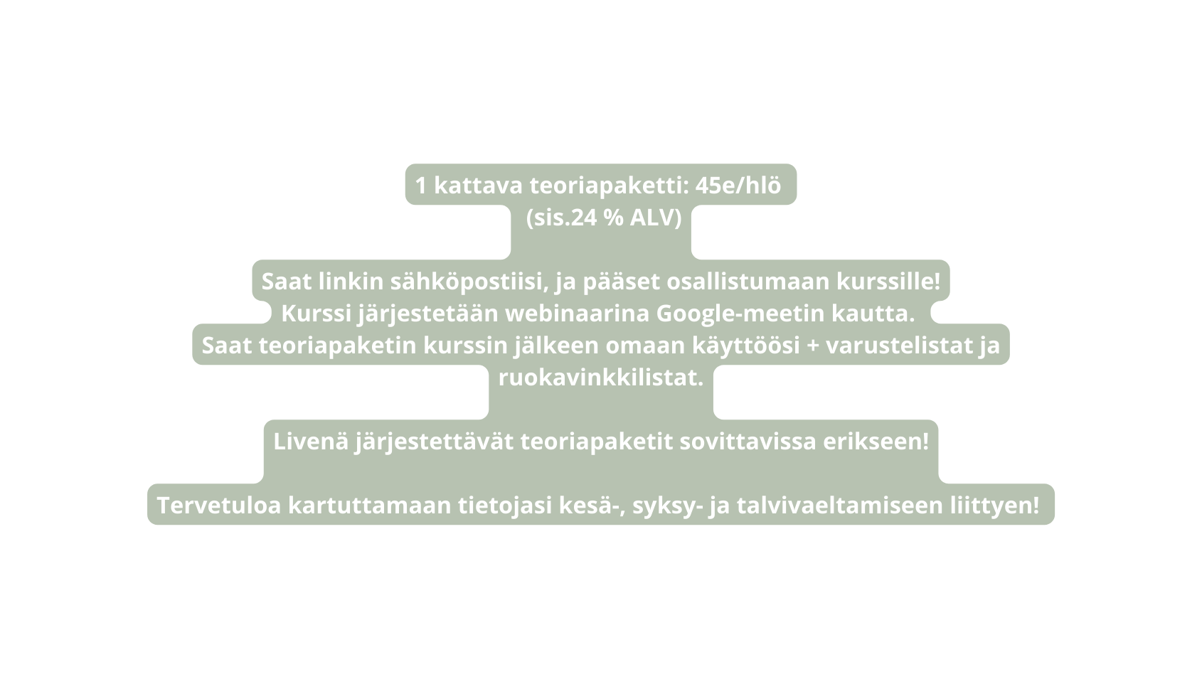 1 kattava teoriapaketti 45e hlö sis 24 ALV Saat linkin sähköpostiisi ja pääset osallistumaan kurssille Kurssi järjestetään webinaarina Google meetin kautta Saat teoriapaketin kurssin jälkeen omaan käyttöösi varustelistat ja ruokavinkkilistat Livenä järjestettävät teoriapaketit sovittavissa erikseen Tervetuloa kartuttamaan tietojasi kesä syksy ja talvivaeltamiseen liittyen